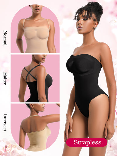 Strapless Shortie Bodysuit Seamless Sculpt Shapewear Tummy Control Body Shaper with Removable Straps